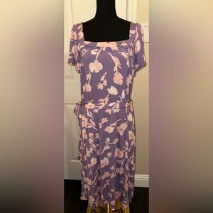 Colleen Lopez Purple Floral Midi Dress 1X Square Neck Tie Waist Short Sleeve
